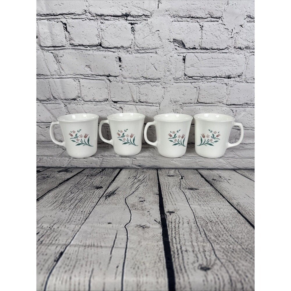 Corelle Corningware Rose Marie Coffee Mugs Cups Set 4 Floral Pink‎ Green Tulips